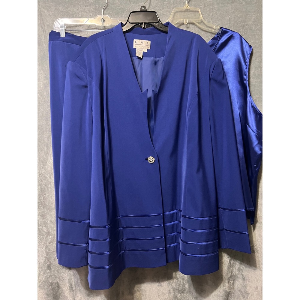 G.M.I. Woman 36W Royal Blue 3 Piece Skirt Suit Satin Shell Rhinestone Church